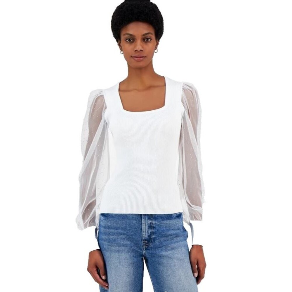 Madden Girl Juniors’ Square‑Neck Rhinestone‑Sleeve Sweater Bright White NWT